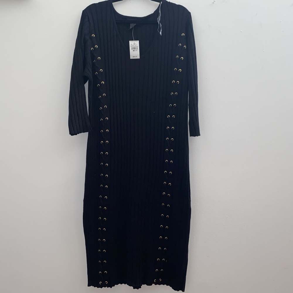 Ashley Stewart Black V Neck Sweater Dress Ribbed Lattice‎ NWT 22 24